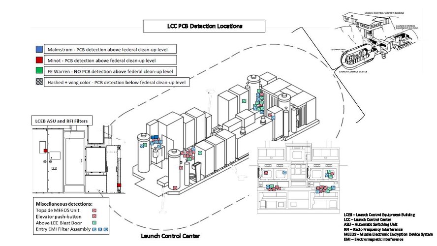 Air Force Global Strike Command also released a graphic today of the underground Launch Control Center (LCC) annotating where PCBs were detected as part of the ongoing Missile Community Cancer Study.