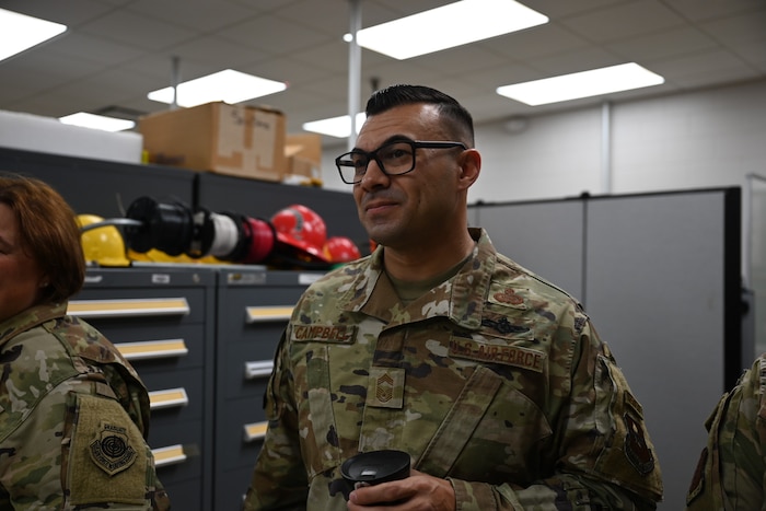 U.S. Air Force Chief Master Sgt. Christopher Campbell, 316th Training Squadron senior enlisted leader, attends a special instruments training brief at the 312th TRS Louis F. Garland Department of Defense Fire Academy, Goodfellow Air Force Base, Texas, Dec. 8, 2023. Campbell pinned on the rank of chief master sergeant after 16 years of service in the Air Force. (U.S. Air Force photo by Airman 1st Class Evelyn D'Errico)