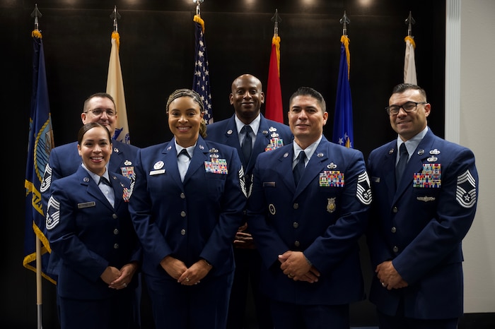 U.S. Air Force chief master sergeants assigned to the 17th Training Wing network after the Assumption of Responsibility Ceremony at Goodfellow Air Force Base, Texas, July 24, 2023. A chief master sergeant is the highest rank an enlisted Airman can achieve in their Air Force career. (U.S. Air Force photo by Airman 1st Class Evelyn D'Errico)