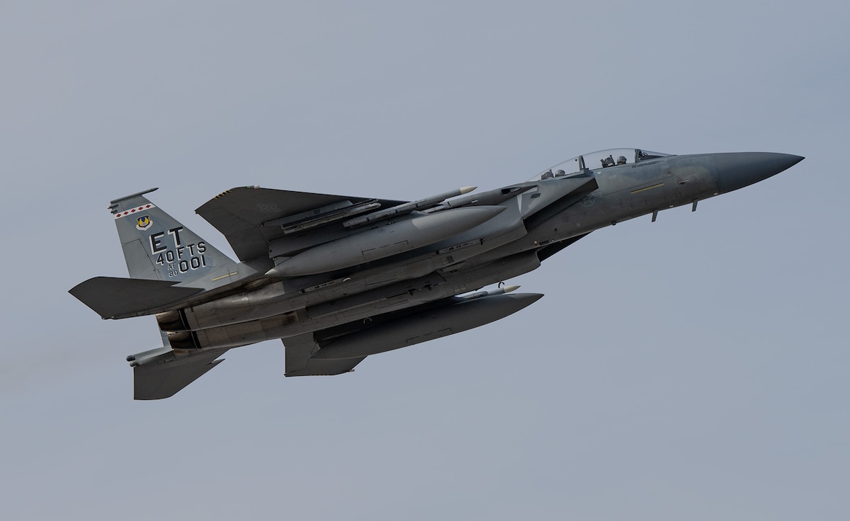 A F-15EX soars through the sky.