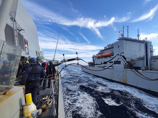 The Lewis and Clark-class dry cargo ship, USNS William McLean (T-AKE 12), conducted a replenishment-at-sea (RAS) with the Italian Carlo Bergamini-class frigates, Carlo Bergamini (F 590) and Virginio Fasan (F 591), Dec. 14, 2023.