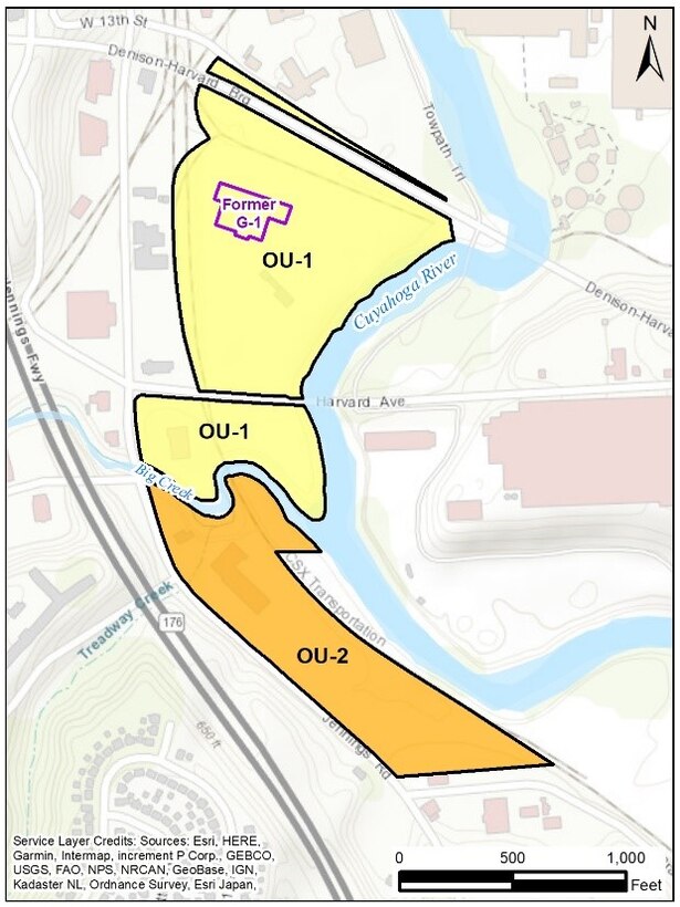 A topographic map of a portion of Cleveland, Ohio along the Cuyahoga River with yellow and orange overlays.