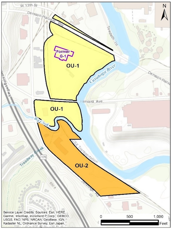 A topographic map of a portion of Cleveland, Ohio along the Cuyahoga River with yellow and orange overlays.