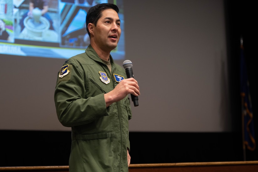 U.S. Air Force Col. William Soto, 305th Air Mobility Wing deputy commander, leads a discussion during a commander’s call for members of the 305th AMW at Joint Base McGuire-Dix-Lakehurst, N.J., Dec. 20, 2023.
