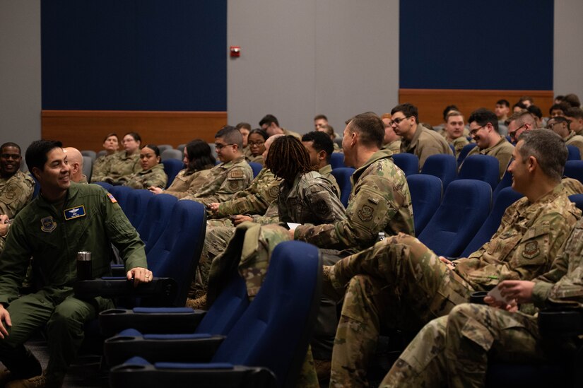 U.S. Air Force Col. Elizabeth Hanson, 305th Air Mobility Wing commander, hosts a commander’s call for members of the 305th AMW at Joint Base McGuire-Dix-Lakehurst, N.J., Dec. 20, 2023.
