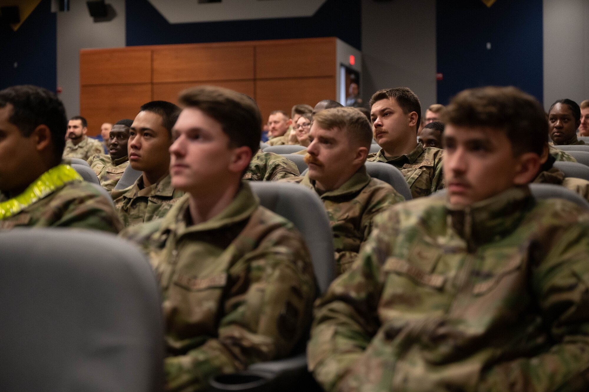 U.S. Air Force Col. Elizabeth Hanson, 305th Air Mobility Wing commander, hosts a commander’s call for members of the 305th AMW at Joint Base McGuire-Dix-Lakehurst, N.J., Dec. 20, 2023.