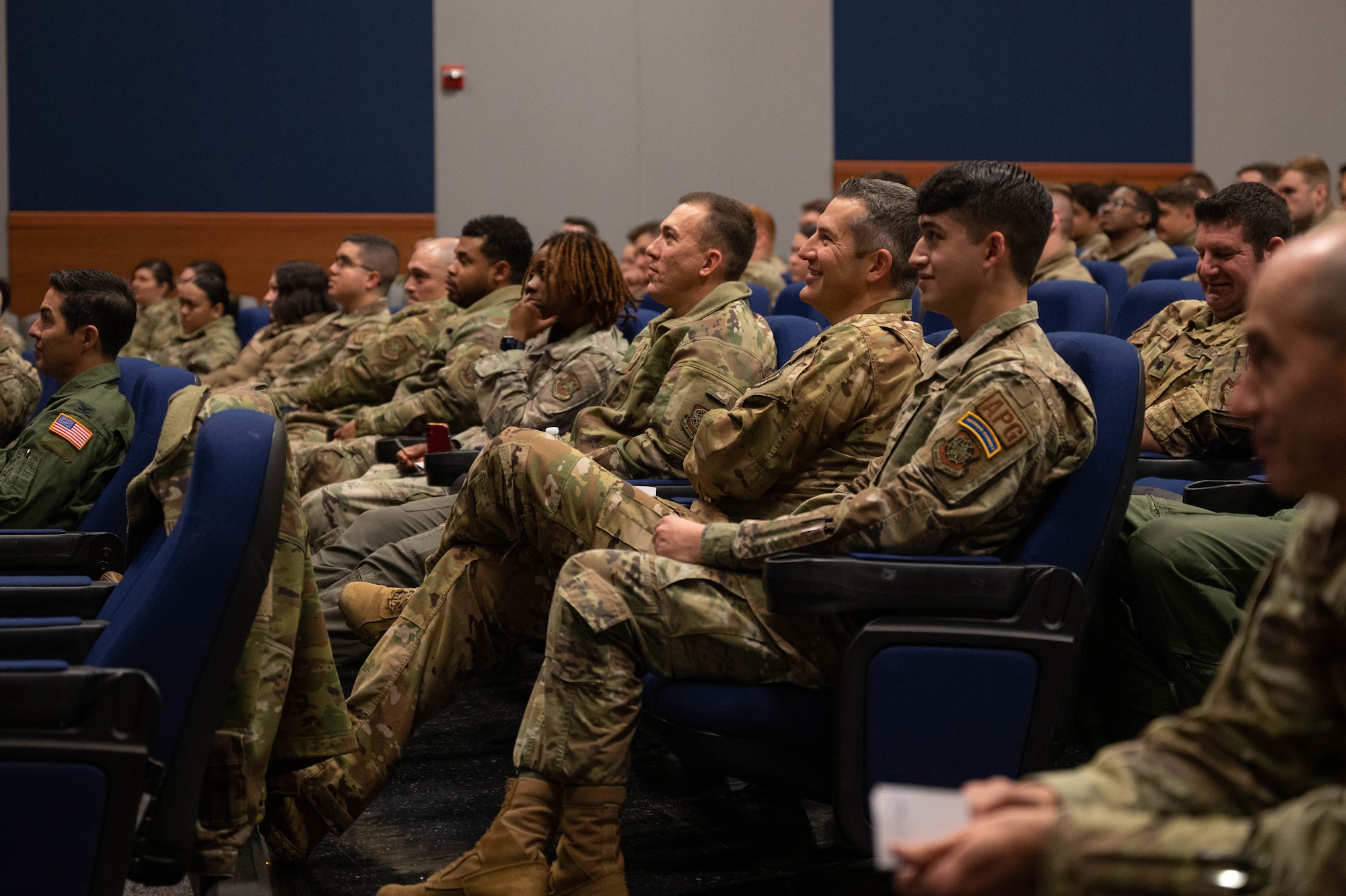 U.S. Air Force Col. Elizabeth Hanson, 305th Air Mobility Wing commander, hosts a commander’s call for members of the 305th AMW at Joint Base McGuire-Dix-Lakehurst, N.J., Dec. 20, 2023.