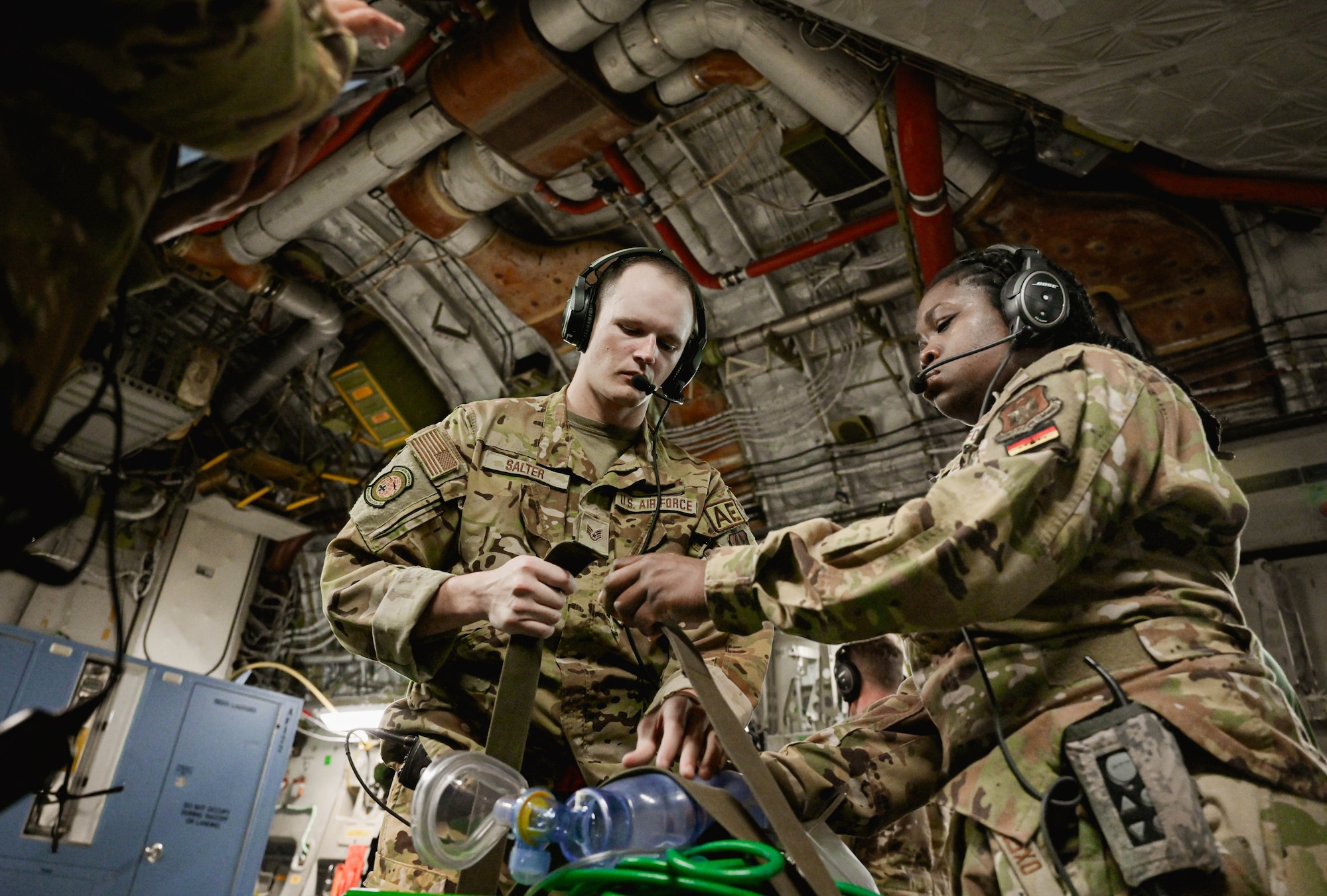 people secure medical equipment