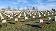 Volunteers placed wreaths in front of headstones at the National Cemetery of the Alleghenies as part of Wreathes Across America, Bridgeville, Pennsylvania Dec. 16, 2023. (U.S. Air National Guard photo by Tech. Sgt. Michael Fariss)