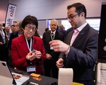 Heidi Shyu, Under Secretary of Defense for Research and Engineering (OUSD(R&E)) visits NextFlex at the Defense Manufacturing Conference to view new developments in hybrid electronics with Dr. Scott Miller, Director of Technology.