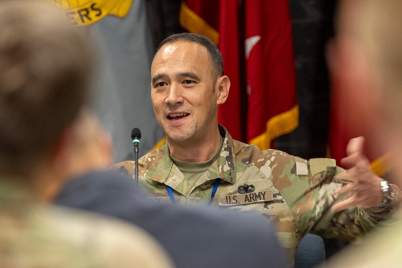 Command Sgt. Maj. Dennis N. Dodge, U.S. Army Finance and Comptroller School senior enlisted advisor and Finance Corps regimental sergeant major, delivers remarks during the inaugural Finance and Sustainment Symposium at the Maj. Gen. Emmett J. Bean Federal Center in Indianapolis Nov. 7, 2023. As the Army rapidly transforms to meet shifts in threats around the globe, its senior finance, comptroller and sustainment leaders joined nearly 180 other Soldiers and Army civilian employees from around the globe to chart future transformational efforts during the symposium. (U.S. Army photo by Mark R. W. Orders-Woempner)