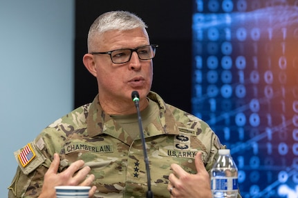 Lt. Gen. Paul. A. Chamberlain, Military Deputy to the Assistant Secretary of the Army for Financial Management and Comptroller, delivers remarks during the inaugural Finance and Sustainment Symposium at the Maj. Gen. Emmett J. Bean Federal Center in Indianapolis Nov. 7, 2023. As the Army rapidly transforms to meet shifts in threats around the globe, its senior finance, comptroller and sustainment leaders joined nearly 180 other Soldiers and Army civilian employees from around the globe to chart future transformational efforts during the symposium. (U.S. Army photo by Mark R. W. Orders-Woempner)