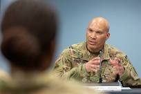 Sgt. Maj. Terry L. Anderson, Jr., Office of the Assistant Secretary of the Army for Financial Management and Comptroller senior enlisted advisor, delivers remarks during the inaugural Finance and Sustainment Symposium at the Maj. Gen. Emmett J. Bean Federal Center in Indianapolis Nov. 7, 2023. As the Army rapidly transforms to meet shifts in threats around the globe, its senior finance, comptroller and sustainment leaders joined nearly 180 other Soldiers and Army civilian employees from around the globe to chart future transformational efforts during the symposium. (U.S. Army photo by Mark R. W. Orders-Woempner)