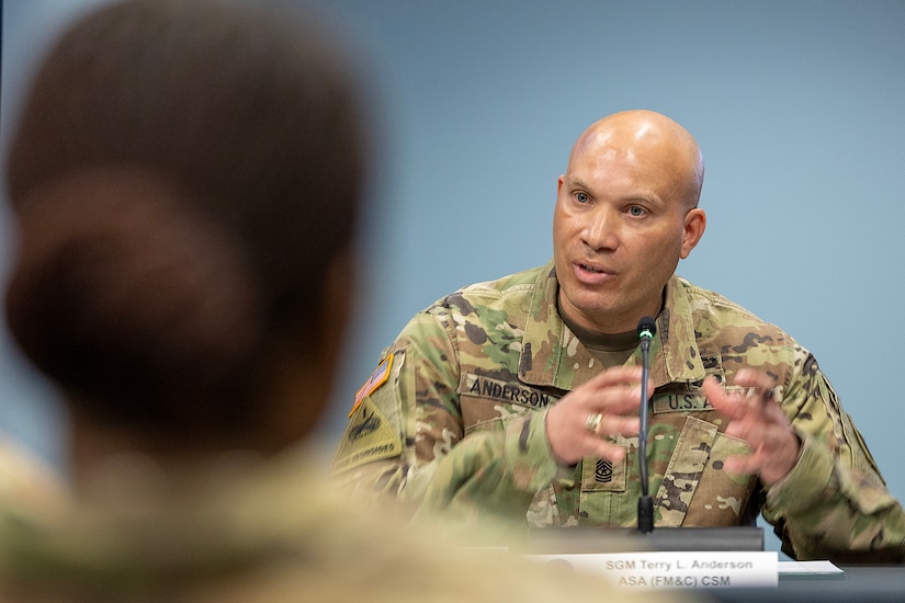 Sgt. Maj. Terry L. Anderson, Jr., Office of the Assistant Secretary of the Army for Financial Management and Comptroller senior enlisted advisor, delivers remarks during the inaugural Finance and Sustainment Symposium at the Maj. Gen. Emmett J. Bean Federal Center in Indianapolis Nov. 7, 2023. As the Army rapidly transforms to meet shifts in threats around the globe, its senior finance, comptroller and sustainment leaders joined nearly 180 other Soldiers and Army civilian employees from around the globe to chart future transformational efforts during the symposium. (U.S. Army photo by Mark R. W. Orders-Woempner)