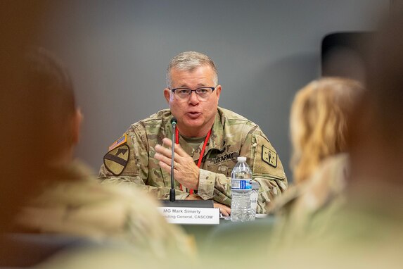 Maj. Gen. Mark T. Simerly, U.S. Army Combined Arms Support Command and U.S. Army Sustainment Center of Excellence commanding general, delivers remarks during the inaugural Finance and Sustainment Symposium at the Maj. Gen. Emmett J. Bean Federal Center in Indianapolis Nov. 7, 2023. As the Army rapidly transforms to meet shifts in threats around the globe, its senior finance, comptroller and sustainment leaders joined nearly 180 other Soldiers and Army civilian employees from around the globe to chart future transformational efforts during the symposium. (U.S. Army photo by Mark R. W. Orders-Woempner)