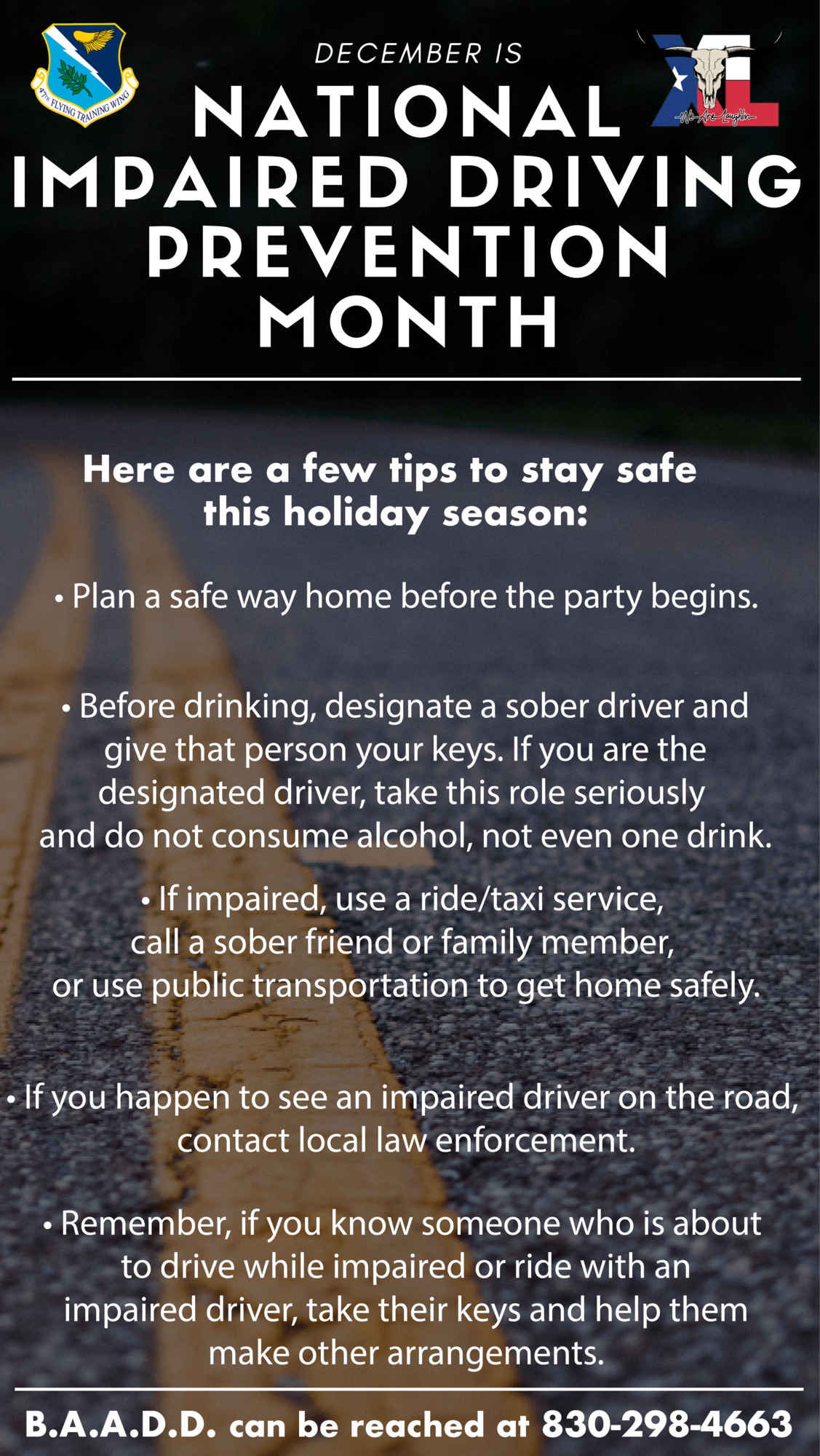 U.S. Air Force graphic recognizing December as National Impaired Driving Prevention Month and providing tips on how to prevent impaired driving, specifically throughout the holiday season. (U.S. Air Force graphic by Senior Airman Kailee Reynolds)