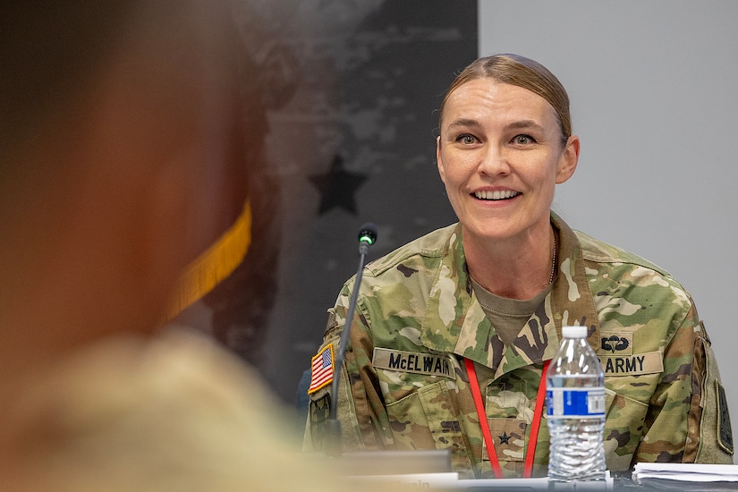 Brig. Gen. Rebecca B. McElwain, Office of the Assistant Secretary of the Army for Financial Management and Comptroller operations and support director, delivers remarks during the inaugural Finance and Sustainment Symposium at the Maj. Gen. Emmett J. Bean Federal Center in Indianapolis Nov. 7, 2023. As the Army rapidly transforms to meet shifts in threats around the globe, its senior finance, comptroller and sustainment leaders joined nearly 180 other Soldiers and Army civilian employees from around the globe to chart future transformational efforts during the symposium. (U.S. Army photo by Mark R. W. Orders-Woempner)