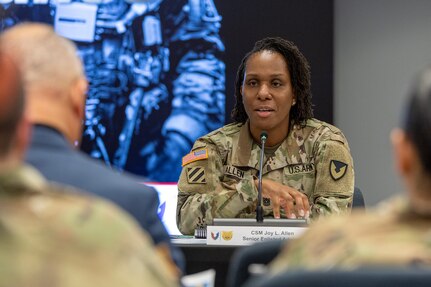 Command Sgt. Maj. Joy L. Allen, U.S. Army Financial Management Command senior enlisted advisor, delivers remarks during the inaugural Finance and Sustainment Symposium at the Maj. Gen. Emmett J. Bean Federal Center in Indianapolis Nov. 7, 2023. As the Army rapidly transforms to meet shifts in threats around the globe, its senior finance, comptroller and sustainment leaders joined nearly 180 other Soldiers and Army civilian employees from around the globe to chart future transformational efforts during the symposium. (U.S. Army photo by Mark R. W. Orders-Woempner)