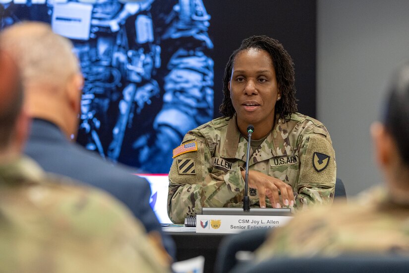 Command Sgt. Maj. Joy L. Allen, U.S. Army Financial Management Command senior enlisted advisor, delivers remarks during the inaugural Finance and Sustainment Symposium at the Maj. Gen. Emmett J. Bean Federal Center in Indianapolis Nov. 7, 2023. As the Army rapidly transforms to meet shifts in threats around the globe, its senior finance, comptroller and sustainment leaders joined nearly 180 other Soldiers and Army civilian employees from around the globe to chart future transformational efforts during the symposium. (U.S. Army photo by Mark R. W. Orders-Woempner)