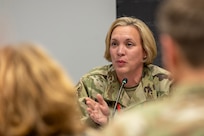 Col. Michelle Williams, U.S. Army Finance and Comptroller School commandant and Chief of the Army Finance Corps, delivers remarks during the inaugural Finance and Sustainment Symposium at the Maj. Gen. Emmett J. Bean Federal Center in Indianapolis Nov. 7, 2023. As the Army rapidly transforms to meet shifts in threats around the globe, its senior finance, comptroller and sustainment leaders joined nearly 180 other Soldiers and Army civilian employees from around the globe to chart future transformational efforts during the symposium. (U.S. Army photo by Mark R. W. Orders-Woempner)