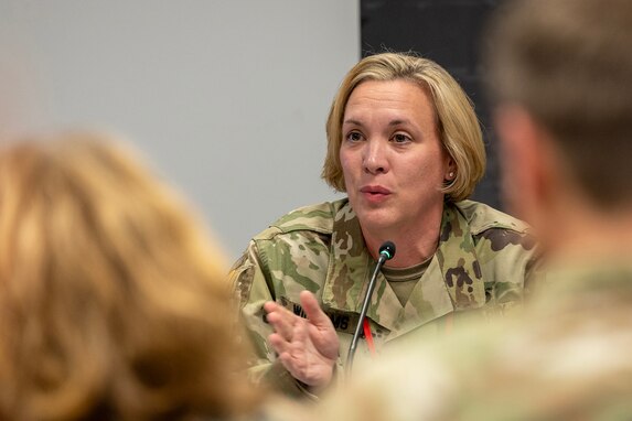 Col. Michelle Williams, U.S. Army Finance and Comptroller School commandant and Chief of the Army Finance Corps, delivers remarks during the inaugural Finance and Sustainment Symposium at the Maj. Gen. Emmett J. Bean Federal Center in Indianapolis Nov. 7, 2023. As the Army rapidly transforms to meet shifts in threats around the globe, its senior finance, comptroller and sustainment leaders joined nearly 180 other Soldiers and Army civilian employees from around the globe to chart future transformational efforts during the symposium. (U.S. Army photo by Mark R. W. Orders-Woempner)