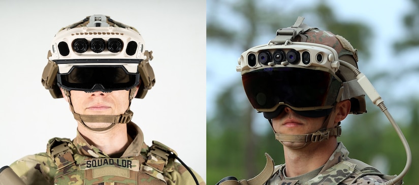 IVAS 1.2 (left) features a lower-profile Heads-Up-Display (HUD) than IVAS 1.0 (right), improving comfort and performance.