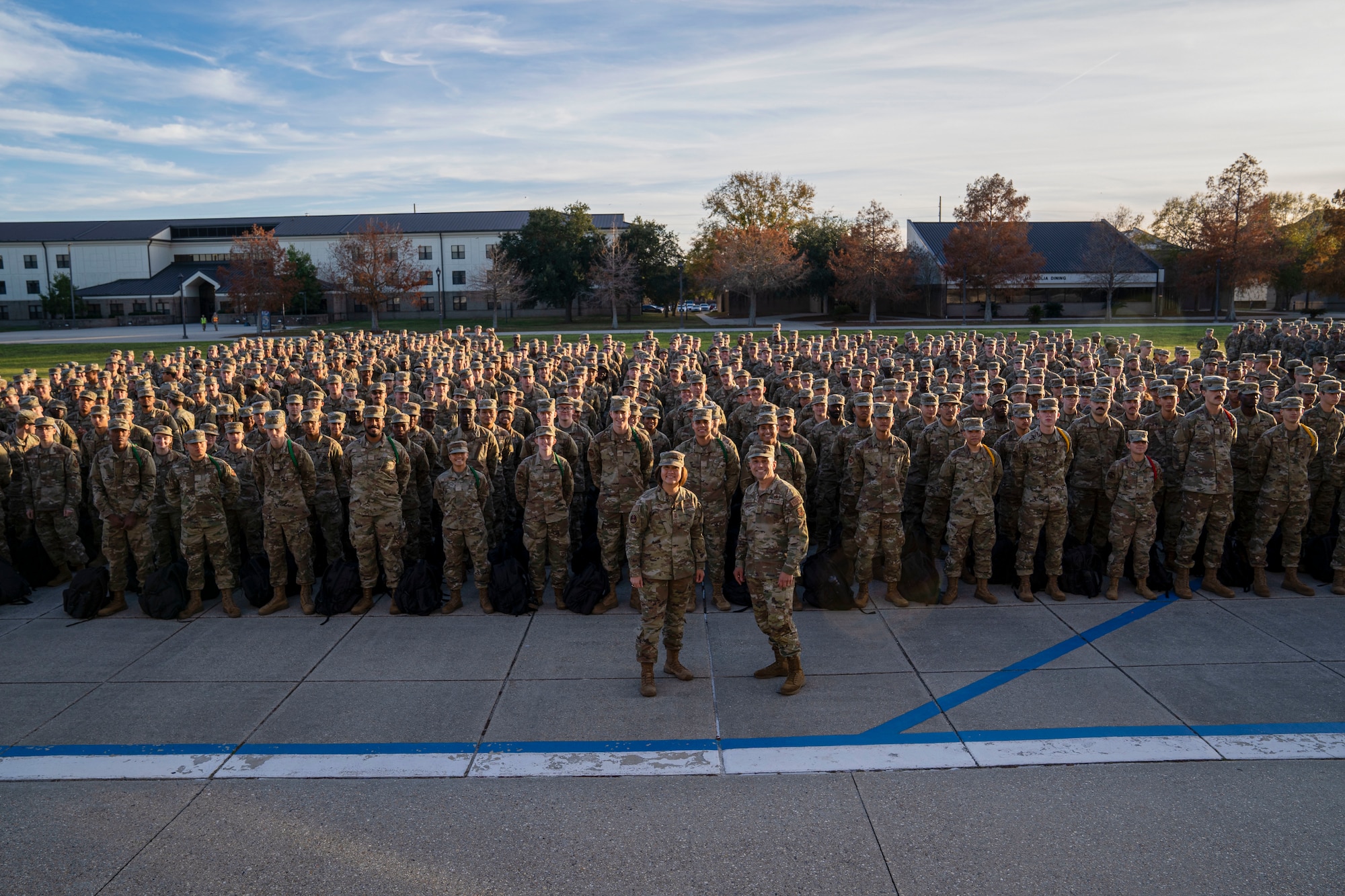 Chief Master Sgt. of the Air Force JoAnne S. Bass and Chief Master Sgt. John Alsvig, Air Force First Sergeant Special Duty manager, pose for photo on Keesler Air Force Base, Mississippi, Dec. 19, 2023.