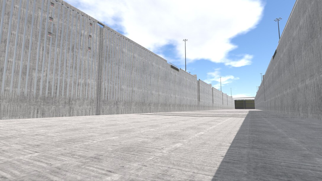 Concrete chamber wall monoliths line an engineering representation of the future New Lock at the Soo, in Sault Ste. Marie, Michigan. A $213.8 million contract, known as Option 1B, was awarded to Kokosing Alberici Traylor, LLC (KAT) of Westerville, Ohio on Dec. 21, 2023.