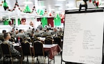 Looking back one Christmas to Dec. 25, 2008, at Forward Operating Base Loyalty, Beladiyat, eastern Baghdad, Iraq, with Army Soldiers from 3rd Brigade Combat Team, 82nd Airborne Division, eating a festive dinner. The menu for Christmas is placed at the entrance for all to read before they reach the food line. (Photo by Joshua Lowery, Joint Combat Camera Center Iraq)