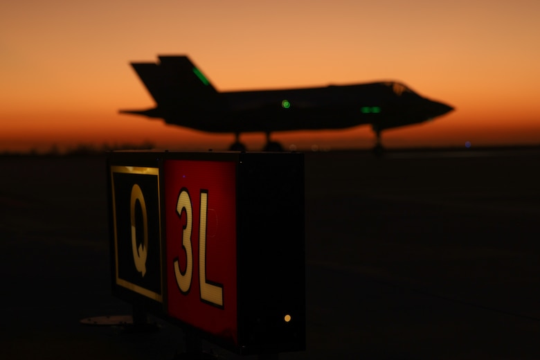 A U.S. Marine Corps F-35B Lightning II aircraft with Marine Fighter Attack Squadron (VMFA) 214, Marine Aircraft Group 13, 3rd Marine Aircraft Wing, taxis the runway during suppression of enemy air defense training in support of Exercise Steel Knight 23.2 at Marine Corps Air Station Yuma, Arizona, Dec. 7, 2023. SEAD training increases the ability of fifth-generation fighter pilots to enter the fight first, strike targets deep within an enemy air defense system, and enable follow on strikes by supporting weapons platforms. Steel Knight 23.2 is a three-phase exercise designed to train I Marine Expeditionary Force in the planning, deployment and command and control of a joint force against a peer or near-peer adversary combat force and enhance existing live-fire and maneuver capabilities of the Marine Air-Ground Task Force. (U.S. Marine Corps photo by Lance Cpl. Elizabeth Gallagher)