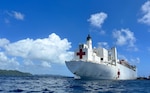 The hospital ship USNS Mercy (T-AH 19) arrives in Koror, Palau during Pacific Partnership 2024-1 Dec. 21, 2023. Pacific Partnership, now in its 19th iteration, is the largest multinational humanitarian assistance and disaster relief preparedness mission conducted in the Indo-Pacific and works to enhance regional interoperability and disaster response capabilities, increase security stability in the region, and foster new and enduring friendships. (U.S. Navy Courtesy Photo)