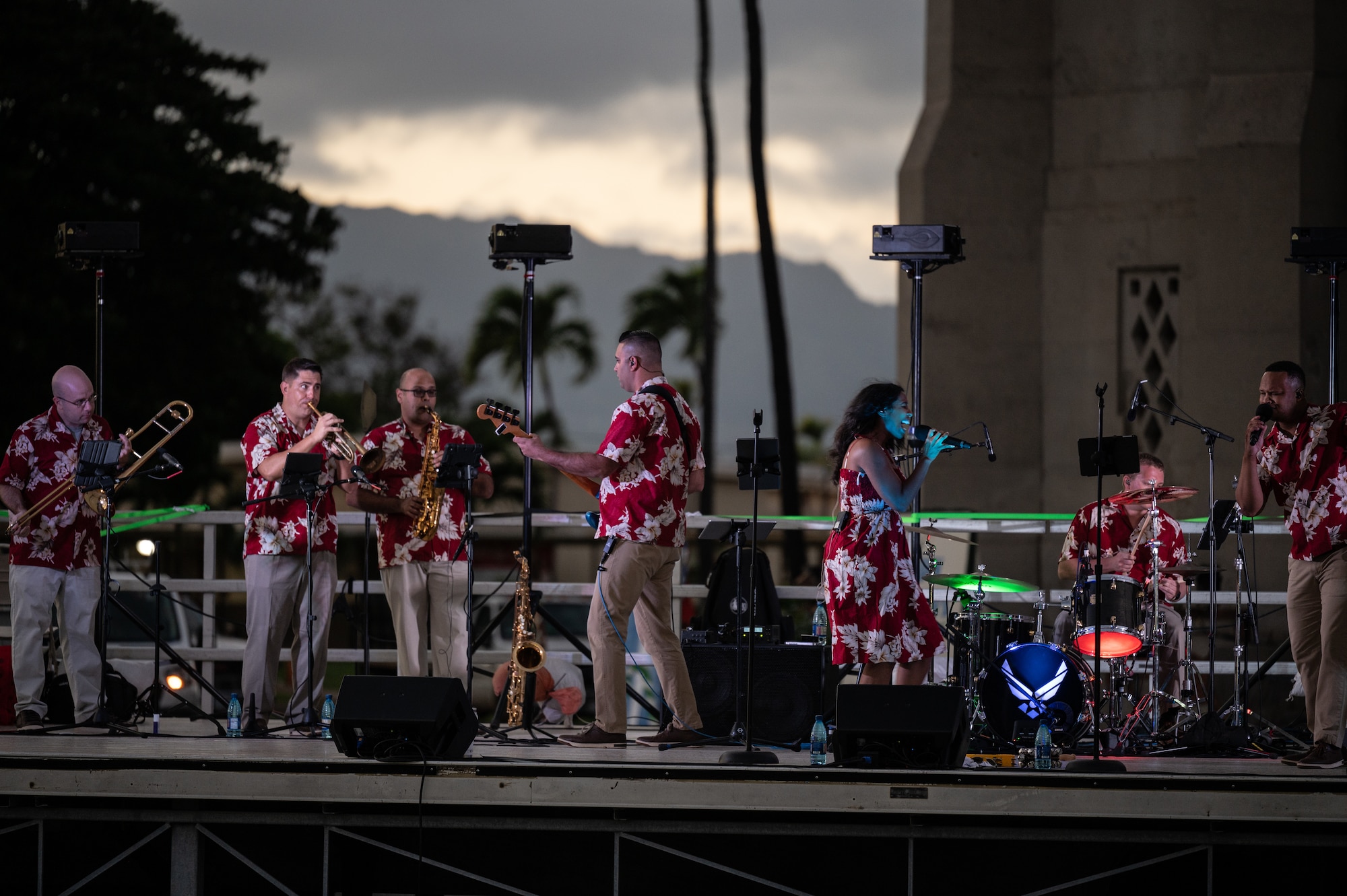 U.S. Air Force Band of the Pacific plays music during the Freedom Tower Lighting Celebration at Joint Base Pearl Harbor-Hickam, Hawaii, Dec. 15, 2023. Leadership, service members and their families celebrated the start of the holiday season during the 54th Annual tower lighting. (U.S. Air Force photo by Staff Sgt. Alan Ricker)