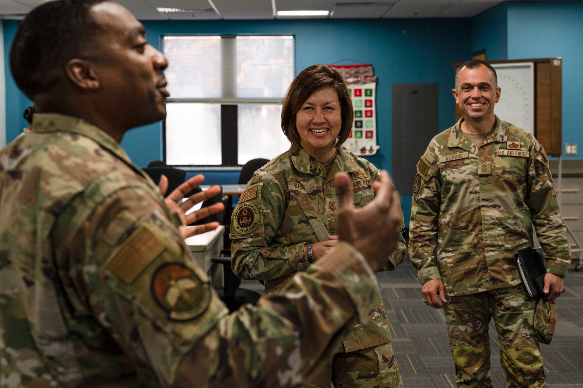 Chief Master Sgt. of the Air Force JoAnne S. Bass receives a brief on training at the 334th Training Squadron at the Levitow Training Support Facility on Keesler Air Force Base, Mississippi, Dec. 19, 2023.