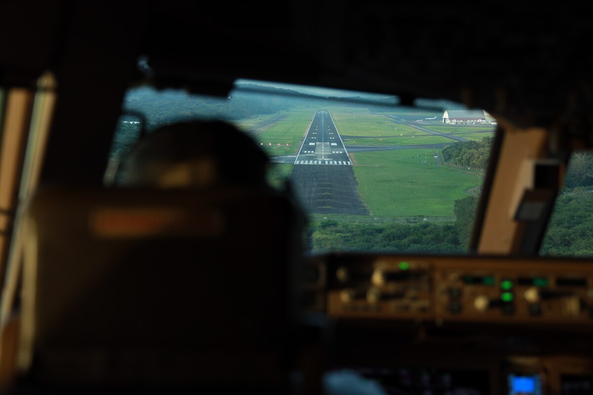 Capt. Josh Hughes, 924th Air Refueling Squadron KC-46 Pegasus pilot, approaches the runway with a cargo delivery to Honduras, Dec. 3. 2023, McConnell Air Force Base, Kansas.