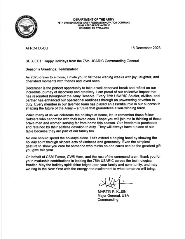 Season's greetings from the 75th USARIC commanding general