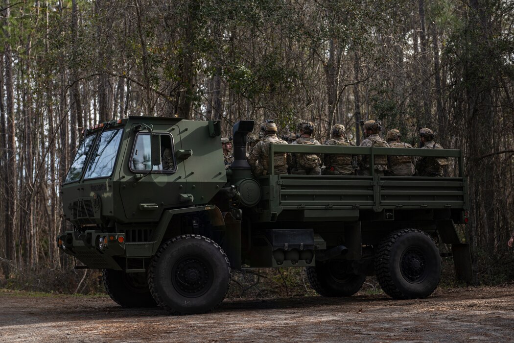 U.S. Air Force Tactical Leader Course students sit in Light Medium Tactical Vehicle
