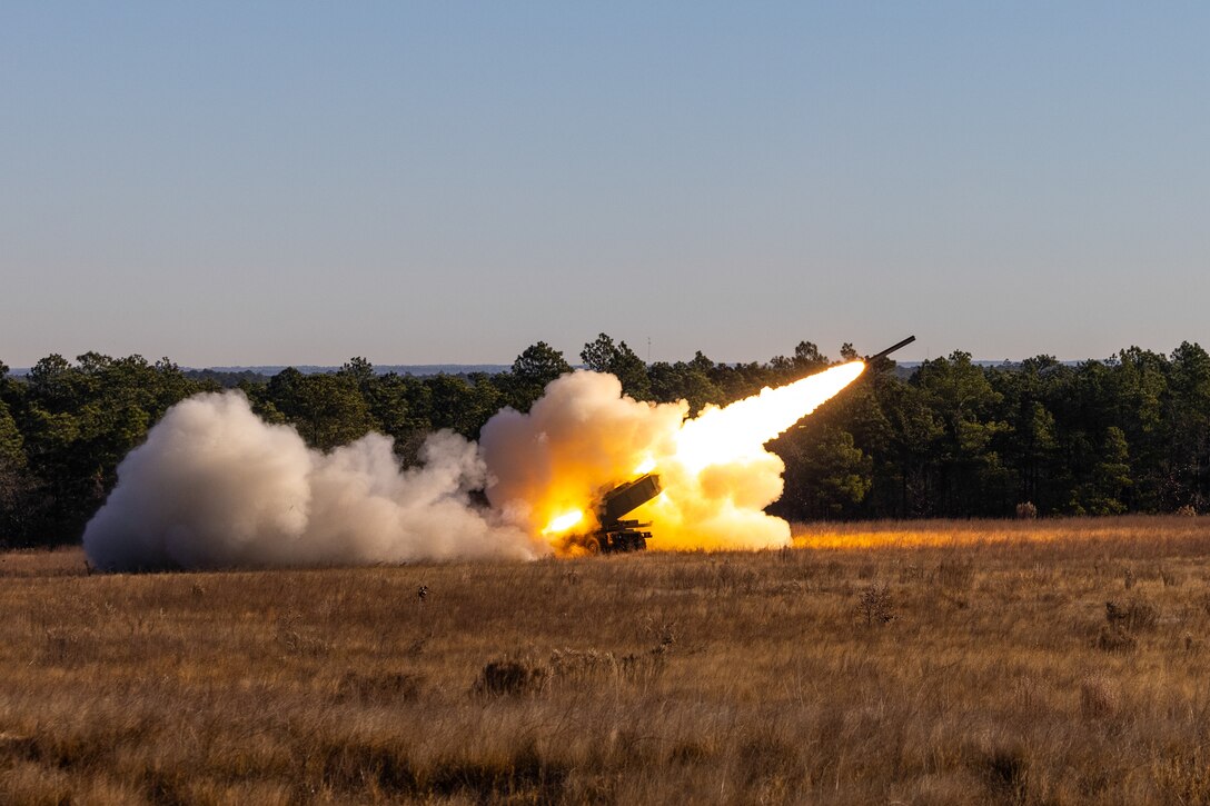 U.S. Marines with 2d Battalion, 10th Marine Regiment, 2d Marine Division fire a M142 High Mobility Artillery Rocket System (HIMARS) during a live-fire exercise, at Fort Liberty, N.C., Dec. 12, 2023. HIMARS provide quick, lethal, and accurate long-range firepower. (U.S. Marine Corps photo by Lance Cpl. Eric Dmochowski)