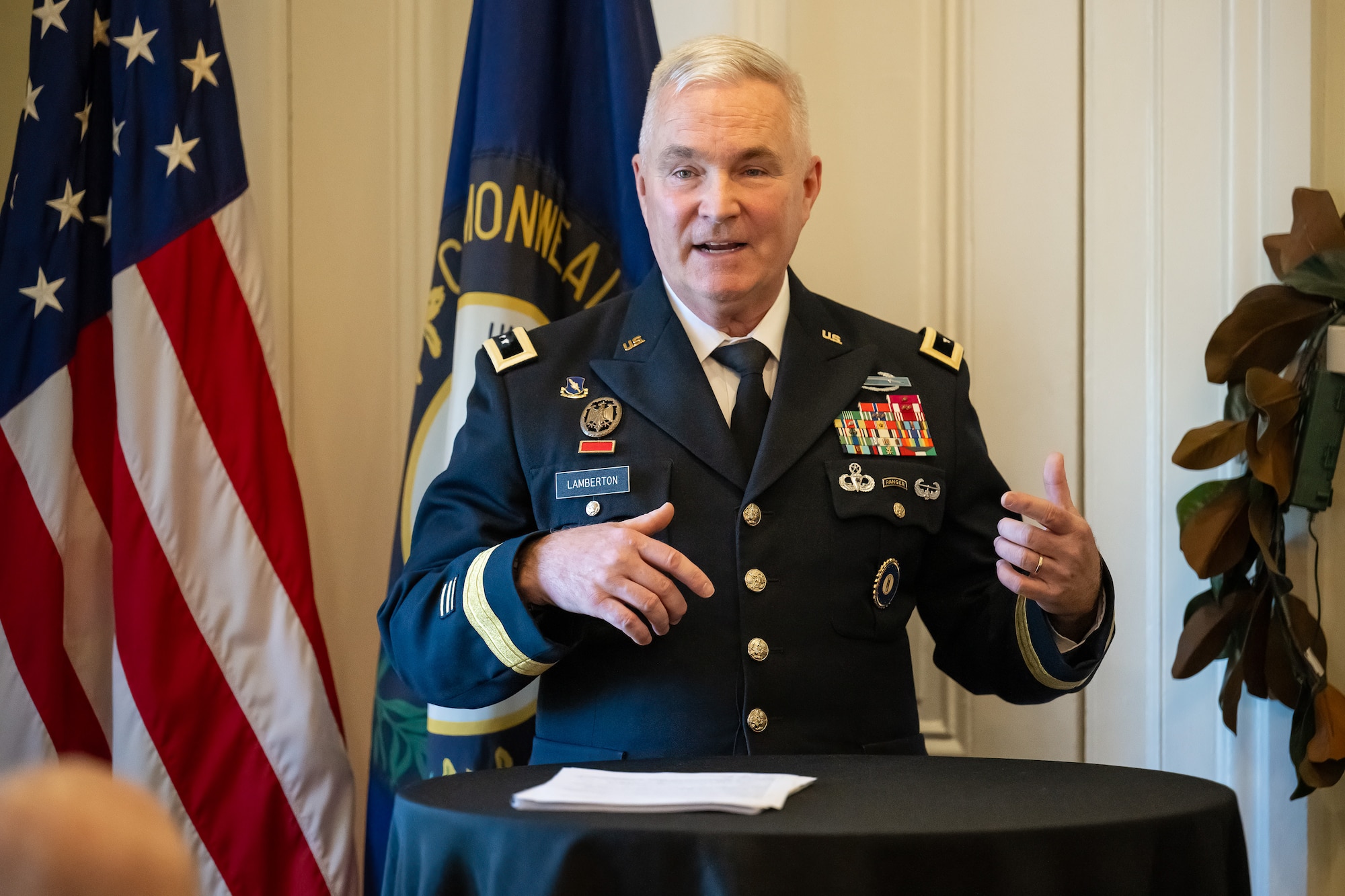 U.S. Army Maj. Gen. Haldane Lamberton, adjutant general of the Kentucky National Guard, speaks at a ceremony in Cynthiana, Ky., Nov. 13, 2023, to present a posthumous Prisoner of War Medal to the family of U.S. Air Force Brig. Gen. Jack Henry Owen. Owen, who served in the Kentucky Air National Guard for more than 24 years, rising to become assistant adjutant general for Air, was piloting a B-17 Flying Fortress over Hamburg, Germany, on July 25, 1943, when the aircraft was shot down. He and his crewmen safely parachuted to the ground but were captured by German forces, and Owen remained a POW for the duration of World War II. (U.S. Air National Guard photo by Dale Greer)