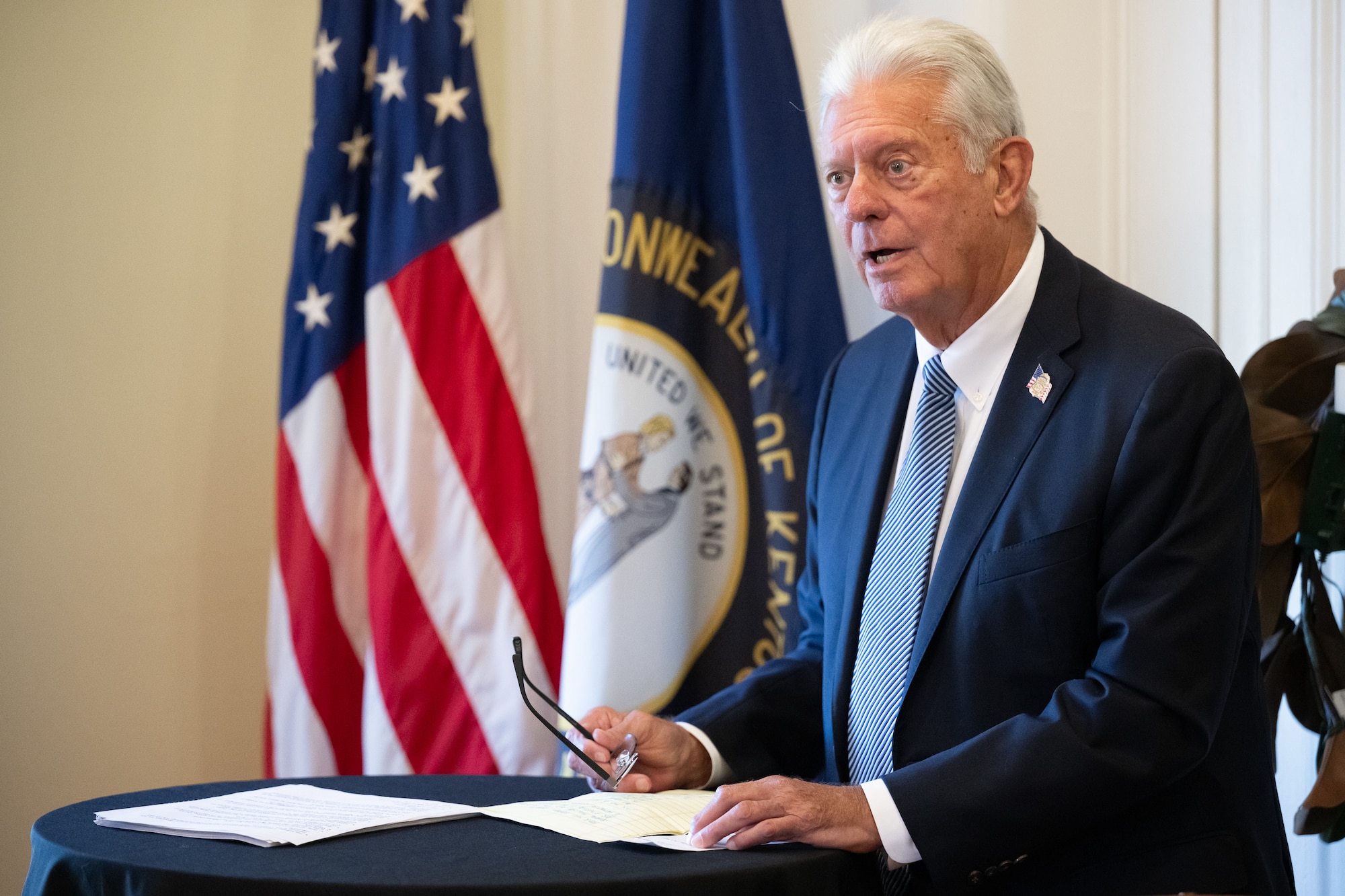 Sterling P. Owen IV speaks at a ceremony in Cynthiana, Ky., Nov. 13, 2023, to present a posthumous Prisoner of War Medal on behalf of his late uncle, U.S. Air Force Brig. Gen. Jack Henry Owen. General Owen, who served in the Kentucky Air National Guard for more than 24 years, rising to become assistant adjutant general for Air, was piloting a B-17 Flying Fortress over Hamburg, Germany, on July 25, 1943, when the aircraft was shot down. He and his crewmen safely parachuted to the ground but were captured by German forces, and Owen remained a POW for the duration of World War II. (U.S. Air National Guard photo by Dale Greer)