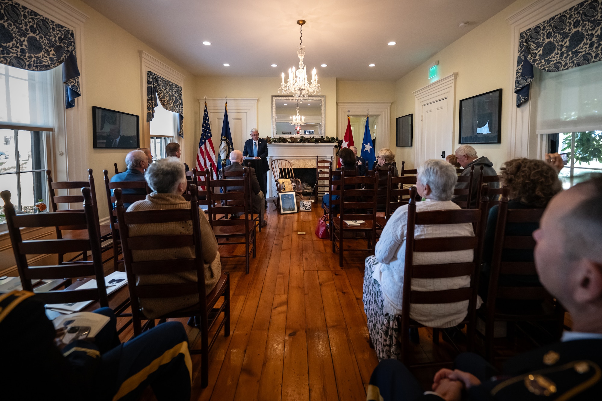 The family of U.S. Air Force Brig. Gen. Jack Henry Owen gather at Owen’s former home in Cynthiana, Ky., Nov. 13, 2023, for a ceremony to receive a posthumous Prisoner of War Medal on his behalf. Owen, who served in the Kentucky Air National Guard for more than 24 years, rising to become assistant adjutant general for Air, was piloting a B-17 Flying Fortress over Hamburg, Germany, on July 25, 1943, when the aircraft was shot down. He and his crewmen safely parachuted to the ground but were captured by German forces, and Owen remained a POW for the duration of World War II. (U.S. Air National Guard photo by Dale Greer)