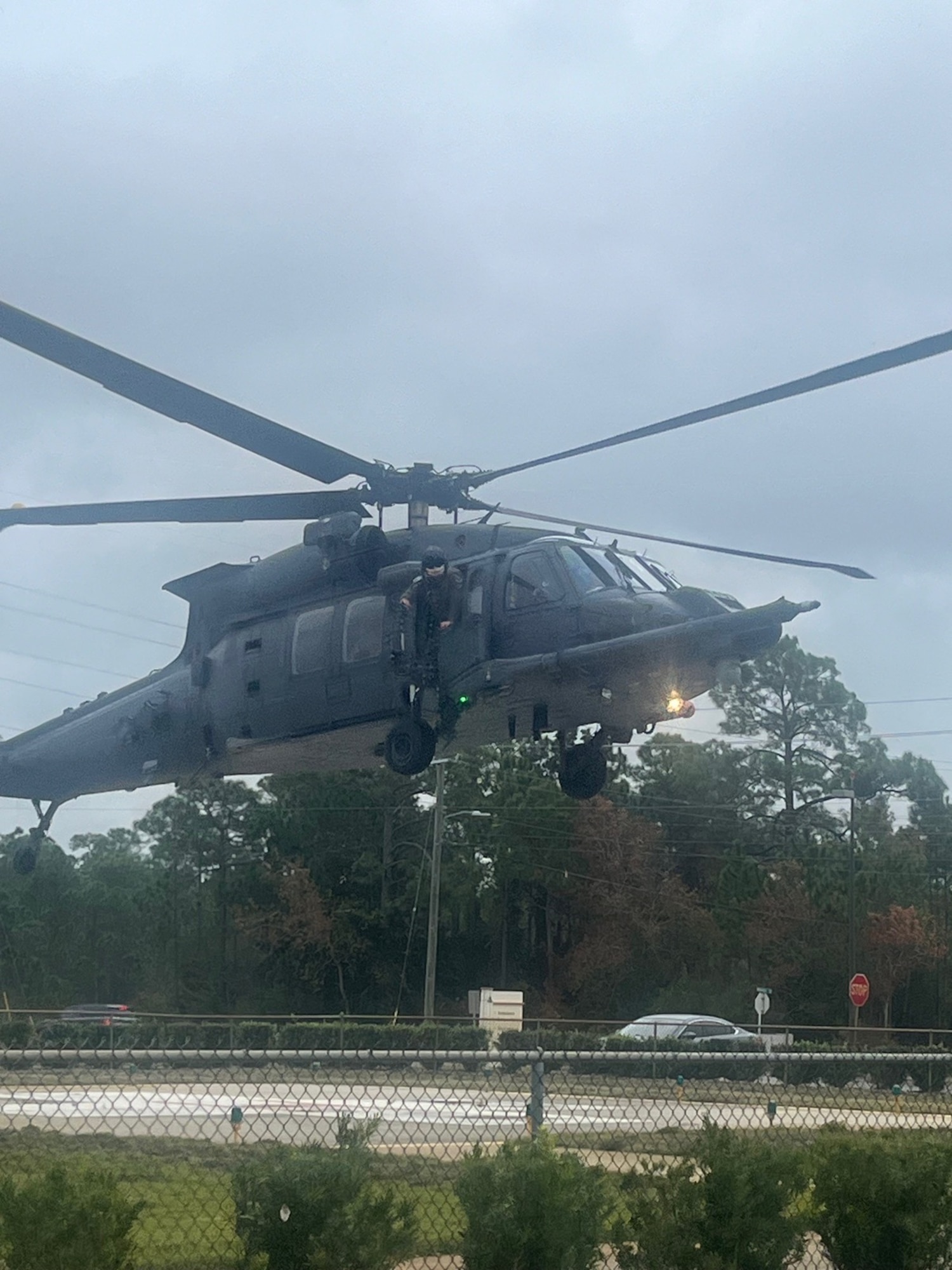 An HH-60W Jolly Green II assigned to the 41st Rescue Squadron lands at Ascension Sacred Heart Emerald Coast Hospital in Marimar Beach, Florida, Dec. 1, 2023. The 41st RQS transported a patient experiencing transplant rejection from ASHECH to the Mayo Clinic in Jacksonville. (Courtesy photo)