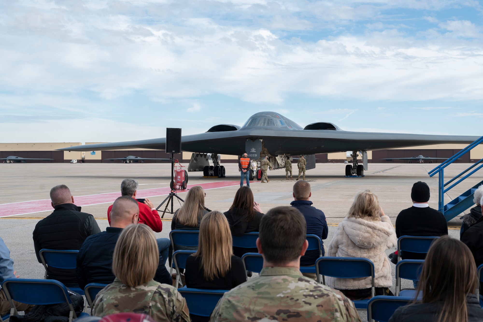 Members of the 509th Bomb Wing conduct post-flight operations for a B-2 Spirit stealth bomber during a ceremony at Whiteman Air Force Base, Mo., Dec. 15, 2023. The ceremony reenacted the delivery of the installation’s first B-2, Spirit of Missouri on Dec. 17, 1993. (U.S. Air Force photo by Tech. Sgt. Anthony Hetlage)