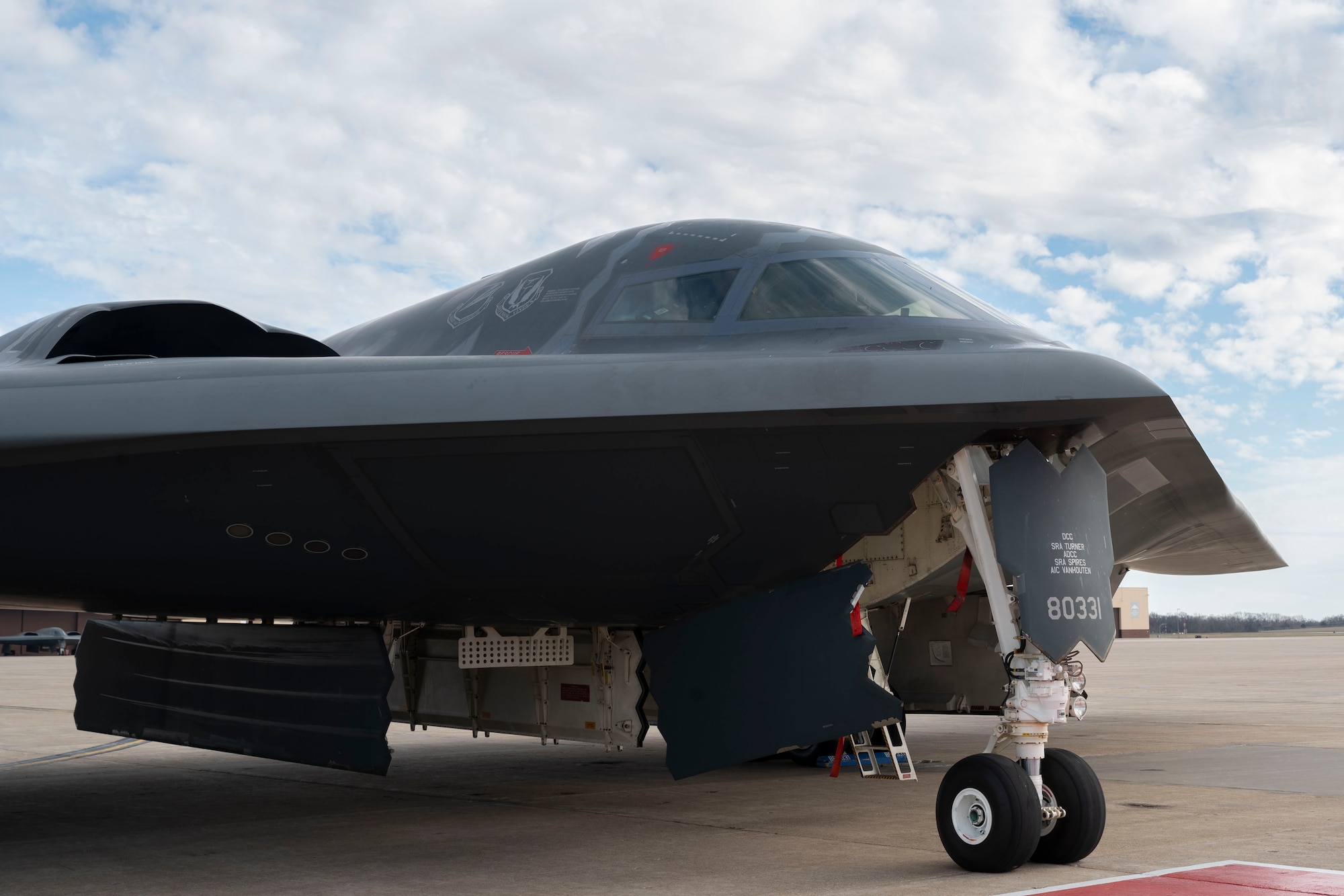 A B-2 Spirit stealth bomber parks during a ceremony at Whiteman Air Force Base, Mo., Dec. 15, 2023. The ceremony reenacted the delivery of the installation’s first B-2, Spirit of Missouri on Dec. 17, 1993. (U.S. Air Force photo by Tech. Sgt. Anthony Hetlage)