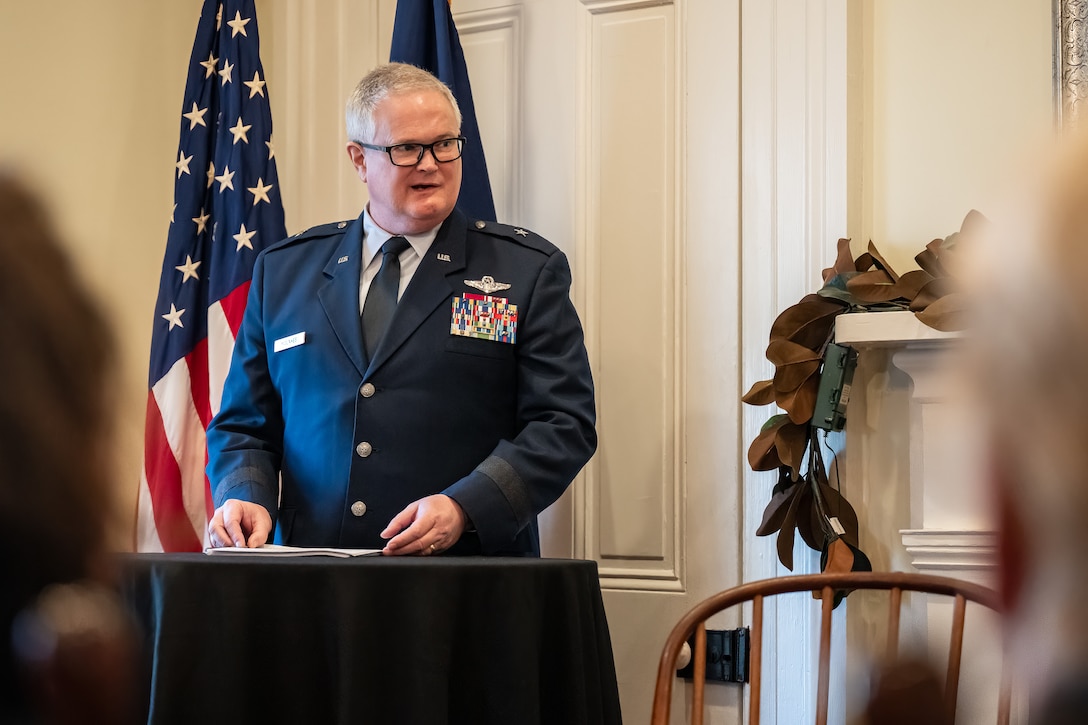 U.S. Air Force Brig. Gen. David Mounkes, the Kentucky National Guard’s assistant adjutant general for Air, speaks at a ceremony in Cynthiana, Ky., Nov. 13, 2023, to present a posthumous Prisoner of War Medal to the family of U.S. Air Force Brig. Gen. Jack Henry Owen. Owen, who served in the Kentucky Air National Guard for more than 24 years, rising to become assistant adjutant general for Air, was piloting a B-17 Flying Fortress over Hamburg, Germany, on July 25, 1943, when the aircraft was shot down. He and his crewmen safely parachuted to the ground but were captured by German forces, and Owen remained a POW for the duration of World War II. (U.S. Air National Guard photo by Dale Greer)