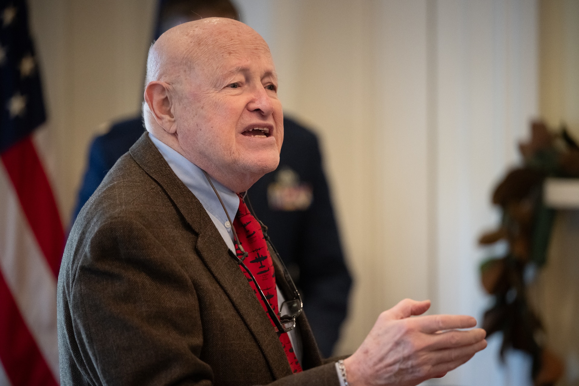 The family of U.S. Air Force Brig. Gen. Jack Henry Owen gather at Owen’s former home in Cynthiana, Ky., Nov. 13, 2023, for a ceremony to receive a posthumous Prisoner of War Medal on his behalf. Owen, who served in the Kentucky Air National Guard for more than 24 years, rising to become assistant adjutant general for Air, was piloting a B-17 Flying Fortress over Hamburg, Germany, on July 25, 1943, when the aircraft was shot down. He and his crewmen safely parachuted to the ground but were captured by German forces, and Owen remained a POW for the duration of World War II. (U.S. Air National Guard photo by Dale Greer)