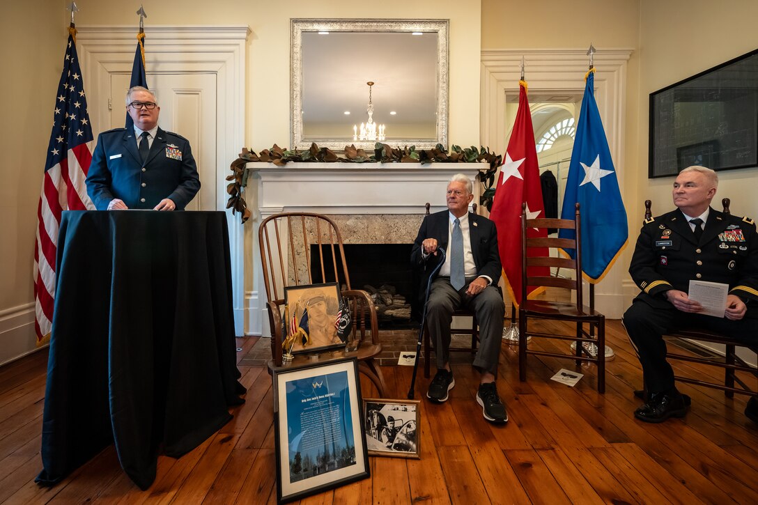 U.S. Air Force Brig. Gen. David Mounkes, left, the Kentucky National Guard’s assistant adjutant general for Air, speaks at a ceremony in Cynthiana, Ky., Nov. 13, 2023, to present a posthumous Prisoner of War Medal to the family of U.S. Air Force Brig. Gen. Jack Henry Owen. Owen, who served in the Kentucky Air National Guard for more than 24 years, rising to become assistant adjutant general for Air, was piloting a B-17 Flying Fortress over Hamburg, Germany, on July 25, 1943, when the aircraft was shot down. He and his crewmen safely parachuted to the ground but were captured by German forces, and Owen remained a POW for the duration of World War II. (U.S. Air National Guard photo by Dale Greer)