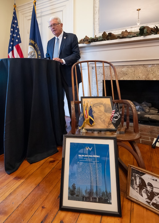 Sterling P. Owen IV speaks at a ceremony in Cynthiana, Ky., Nov. 13, 2023, to present a posthumous Prisoner of War Medal on behalf of his late uncle, U.S. Air Force Brig. Gen. Jack Henry Owen. General Owen, who served in the Kentucky Air National Guard for more than 24 years, rising to become assistant adjutant general for Air, was piloting a B-17 Flying Fortress over Hamburg, Germany, on July 25, 1943, when the aircraft was shot down. He and his crewmen safely parachuted to the ground but were captured by German forces, and Owen remained a POW for the duration of World War II. (U.S. Air National Guard photo by Dale Greer)