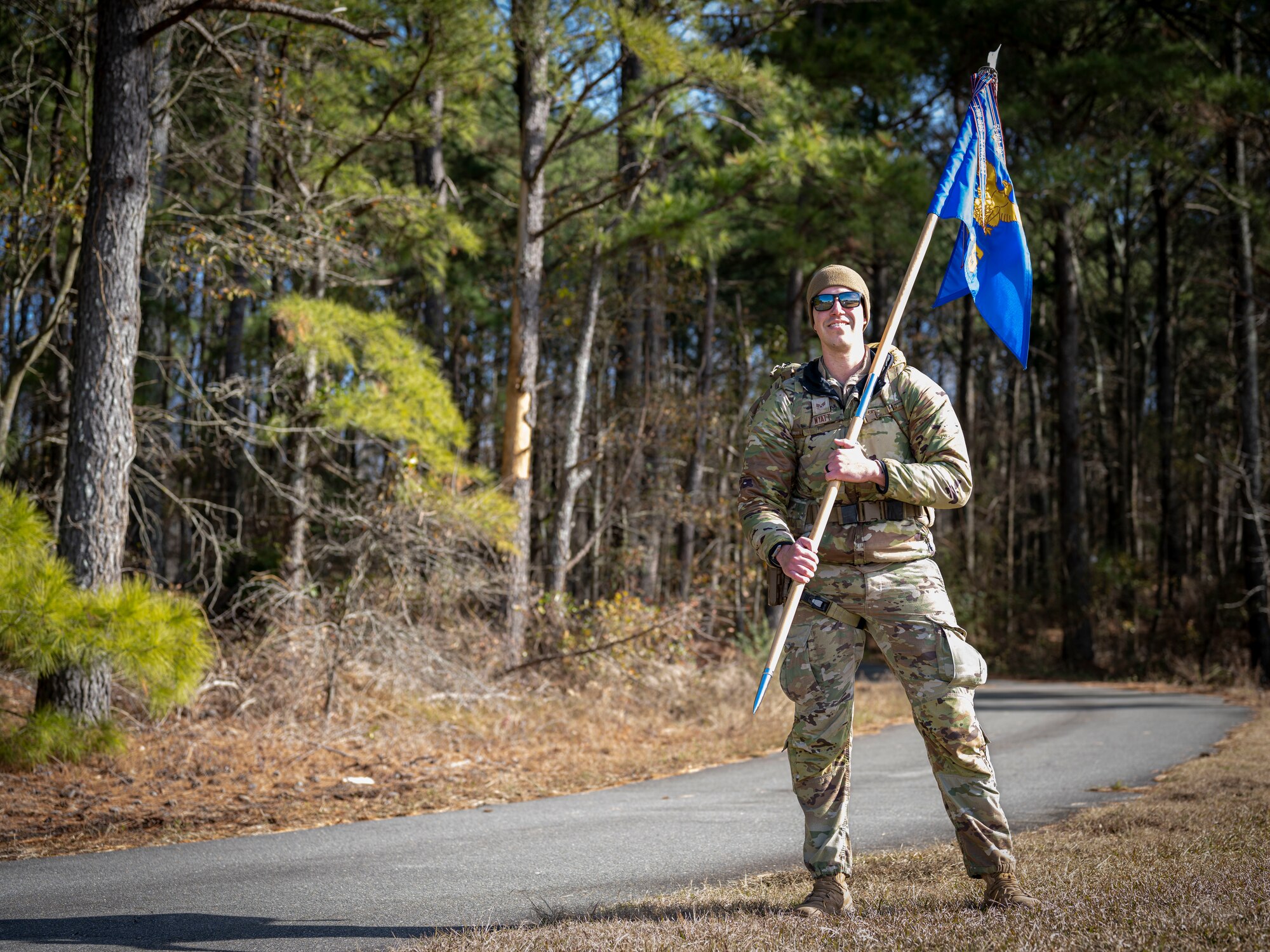U.S. Air Force Senior Airman Blake Wyatt, an entry controller assigned to the 4th Security Forces Squadron, participated in a Hustler 6 memorial ruck at Seymour Johnson Air Force Base, North Carolina on Dec 21, 2023. This annual event honors four OSI special agents and two Security Forces defenders that lost their lives during a mission near Bagram, Afghanistan on Dec. 21, 2015. (U.S. Air Force photo by Senior Airman Sabrina Fuller-Judd)