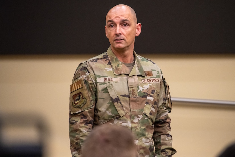 U.S. Air Force Chief Master Sgt.Noah Bliss, 89th Airlift Wing command chief, speaks at the First Sergeant Symposium at Joint Base Andrews