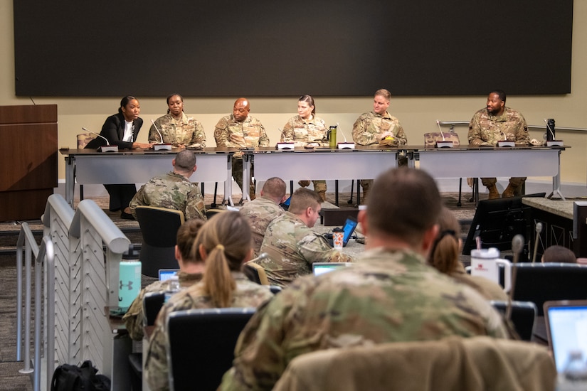 First sergeants speak during a panel at the First Sergeant Symposium at Joint Base Andrews